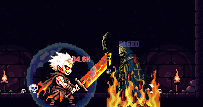 An endgame Hellruler battle: the hero's flaming greatsword against a burning, bleeding boss